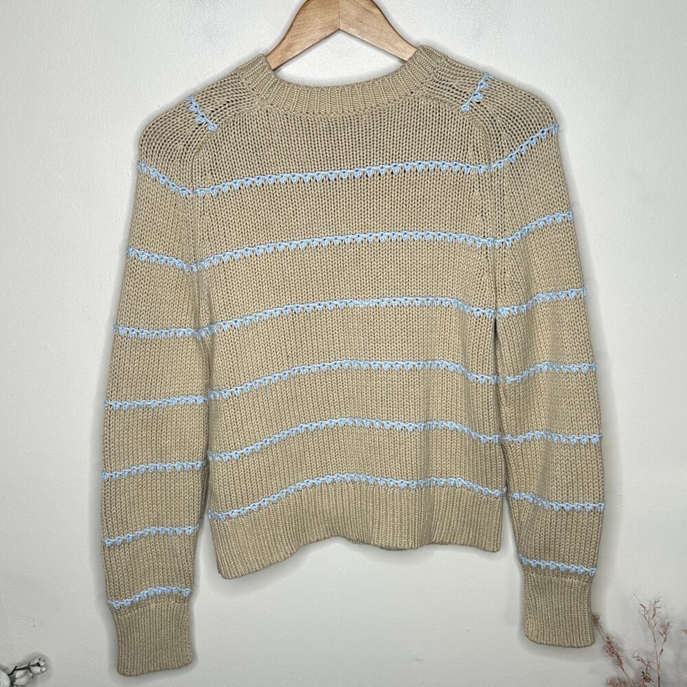 MADEWELL Textured Cotton Crewneck Sweater Stripe Cream Pale Blue Sz M $98 {3A45} - Picture 4 of 7
